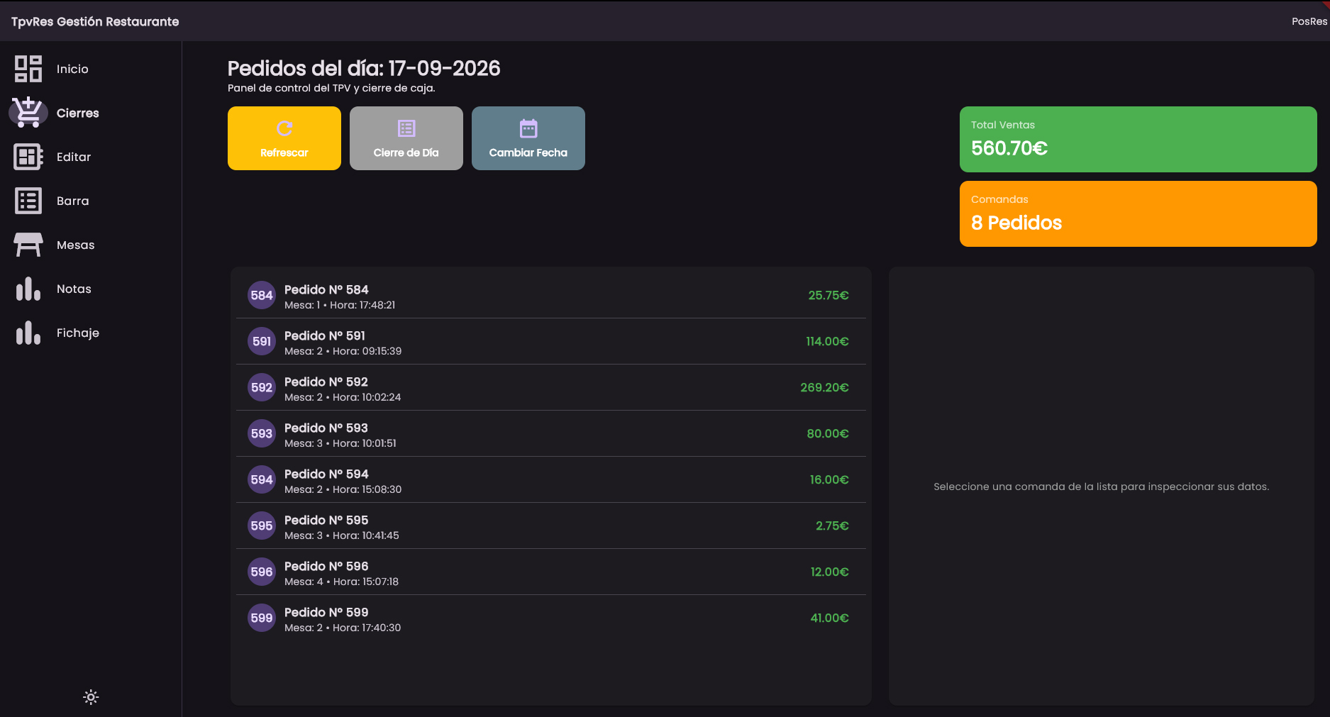 Panel de estadísticas de TPVRES